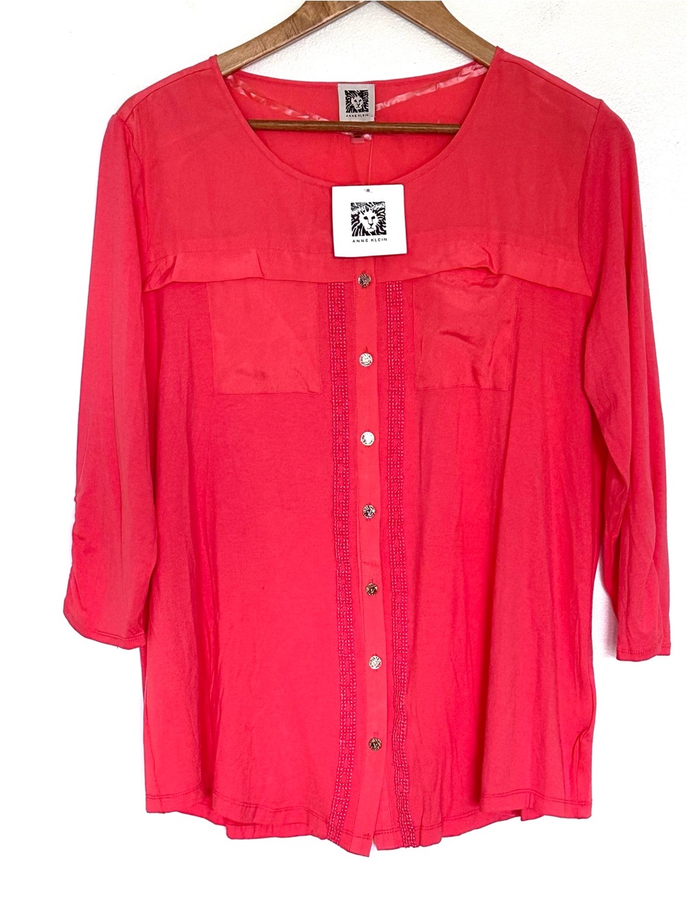 NWT Anne Klein Shirt Women’s XL Pink 3/4 Sleeve Button Down Blouse Top